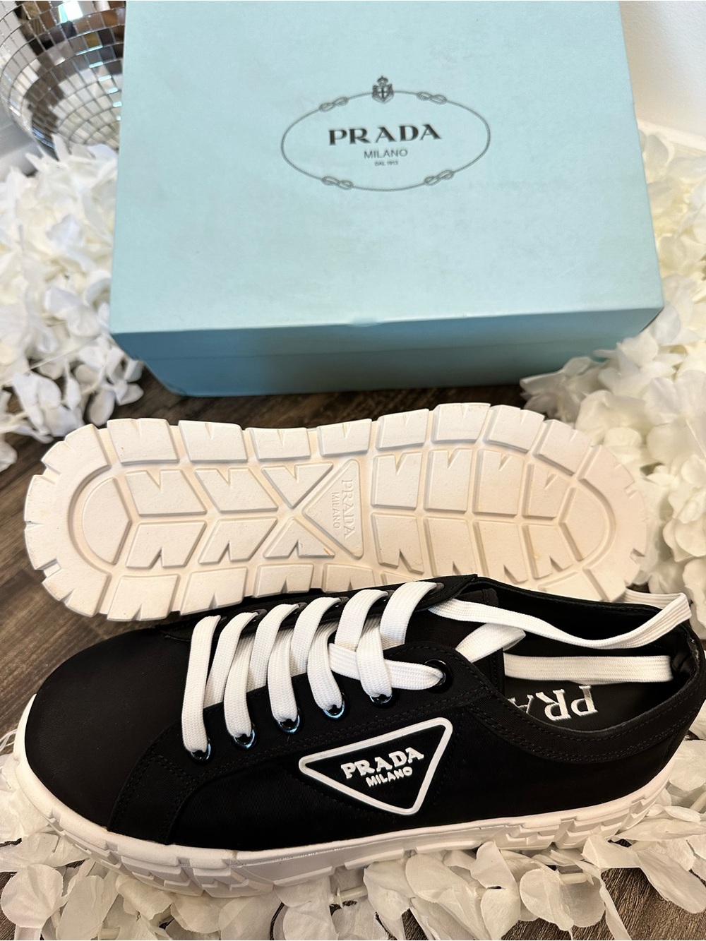 Prada Black and White Low-Top Platform Sneakers - Picture 2 of 4